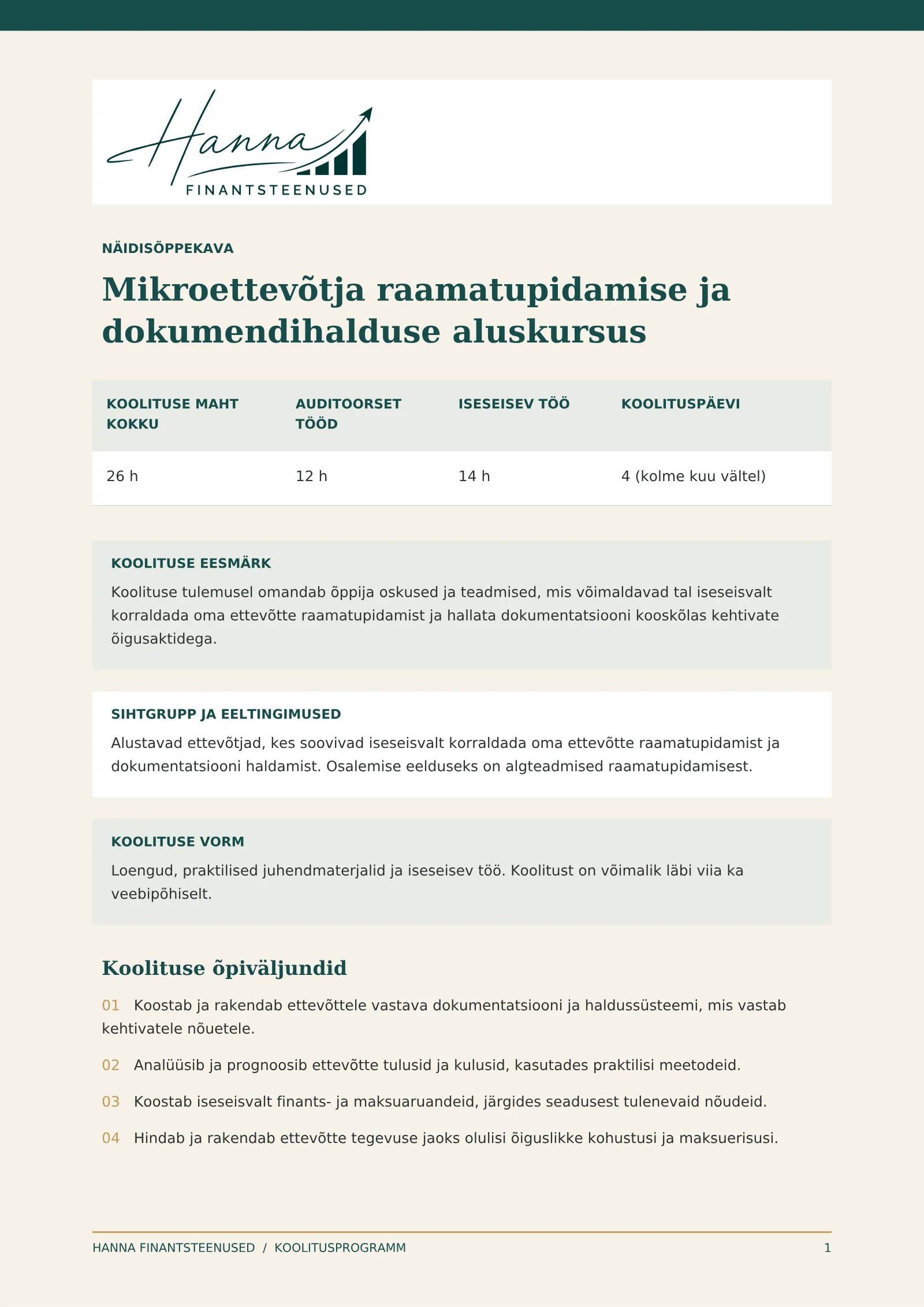 Raamatupidamise algkoolituse näidisõppekava, lehekülg 1